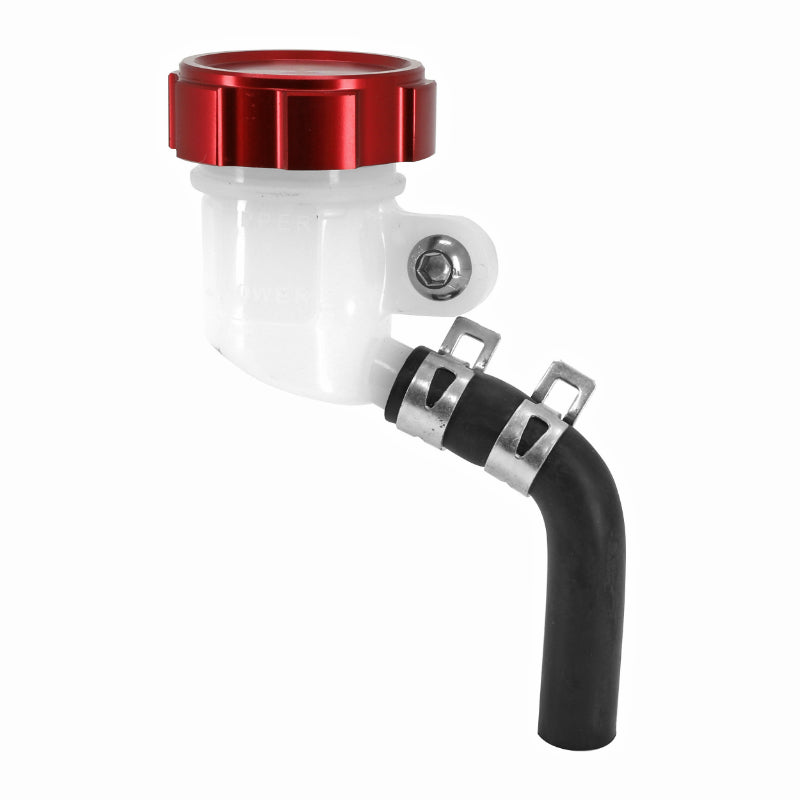 RONDE RADIAAL REM HOOFDCILINDER RESERVOIR TANK DIAM 42 mm ROOD CNC ALU DOP (UITLAAT AAN DE ZIJKANT) -P2R-