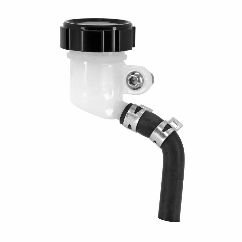 RONDE RADIAAL REM HOOFDCILINDER RESERVOIR TANK DIAM 42 mm ZWART CNC ALUMINIUM KAP (UITLAAT AAN DE ZIJKANT) -P2R-