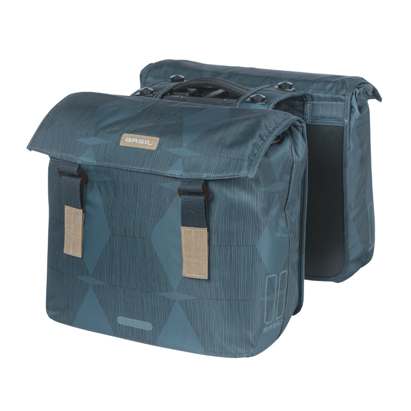 SACOCHE ARRIERE VELO DOUBLE BASIL ELEGANCE 49L BLEU ESTATE FIXATION VELCROS SUR PORTE BAGAGE (49x48x10,5 cm) COMPATIBLE SYSTEME MIK (FIXATION INCLUSE)