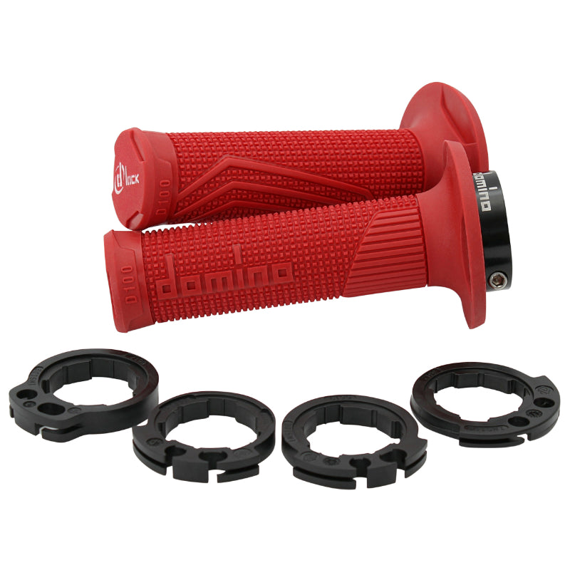 REVETEMENT POIGNEE DOMINO MOTO OFF ROAD D100 ROUGE CLOSED END AVEC LOCK ON 116-125mm (LIVREE AVEC 4 BAGUES) (PAIRE)