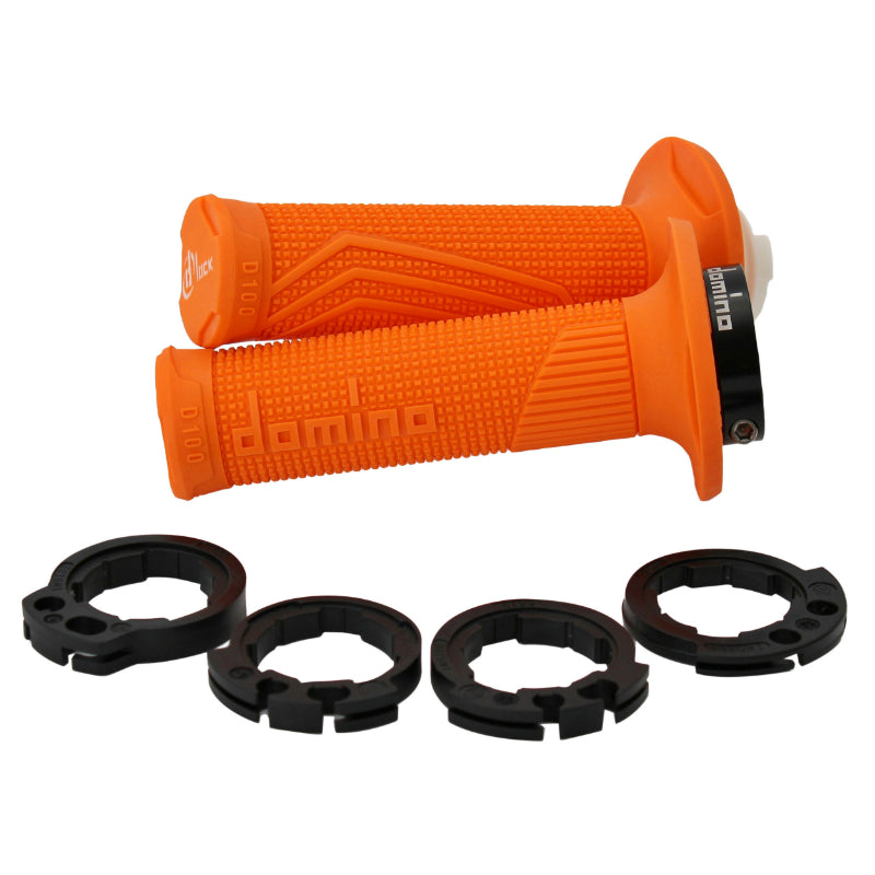 DOMINO MOTORFIETS OFF ROAD D100 ORANJE GESLOTEN EINDGREEPBEDEKKING MET SLOT OP 116-125 mm (GELEVERD MET 4 RINGEN) (PAAR)