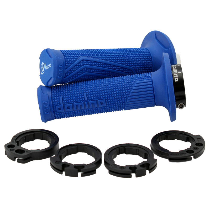 REVETEMENT POIGNEE DOMINO MOTO OFF ROAD D100 BLEU CLOSED END AVEC LOCK ON 116-125mm (LIVREE AVEC 4 BAGUES) (PAIRE)