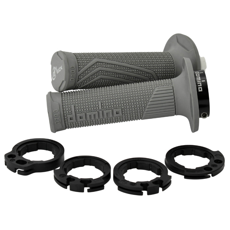 REVETEMENT POIGNEE DOMINO MOTO OFF ROAD D100 GRIS CLOSED END AVEC LOCK ON 116-125mm (LIVREE AVEC 4 BAGUES) (PAIRE)