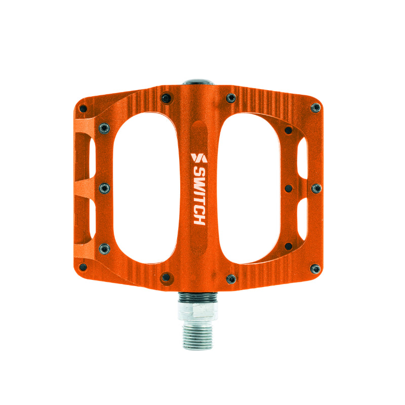 PEDALE VTT PLATEFORME DESCENTE - BMX SWITCH FREERIDE ALU CNC ORANGE FILETAGE 9-16 AVEC PICOTS (PAIRE) 100x90mm