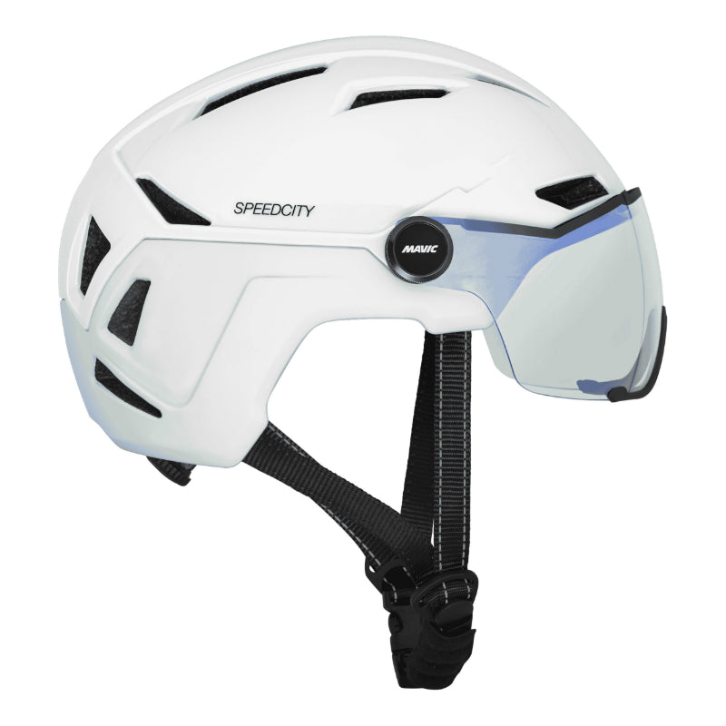 MAVIC SPEEDCITY WHITE ADULT BICYCLE HELMET INTEGRATED VISOR SIZE 51-56 ADJUSTMENT WHEEL 370GRS - APPROVED -