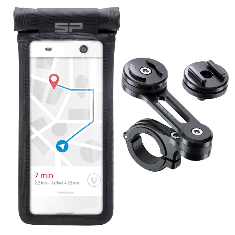 SMARTPHONE-TELEPHONE MOTORCYCLE SUPPORT SP CONNECT PACK-KIT UNIVERSAL INCLUDING ALUMINUM HANDLEBAR SUPPORT, UNIVERSAL CASE SIZE L (165 x 80 mm)