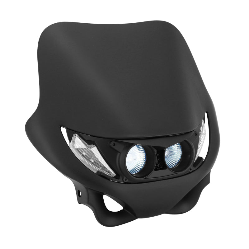 PLAQUE PHARE-TETE DE FOURCHE 50 A BOITE UNIVERSEL REPLAY ENDURO 2 A LEDS BLANCHES + HALOGENE 2x20W NOIR MAT (AVEC FIXATIONS)