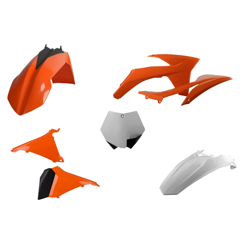 CARROSSERIE-CARENAGE MOTO MX KTM 125, 250 SX, 250, 450 SX F, 250 XC, 250, 450 XC-F 2011+ ORANGE KTM-BLANC (COULEUR OEM) (KIT PLASTIQUES 7 PIECES)  -POLISPORT-