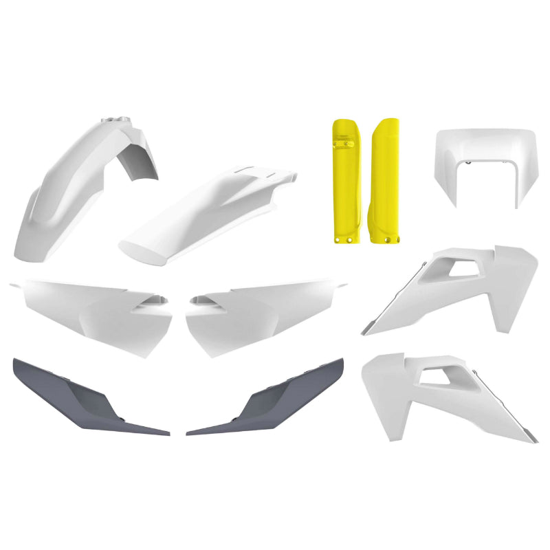 CARROSSERIE-CARENAGE MOTO ENDURO HUSQVARNA 250, 450 TE, 250, 350 FE 2020+ BLANC-GRIS-JAUNE (COULEUR OEM) (KIT PLASTIQUES 10 PIECES)  -POLISPORT-