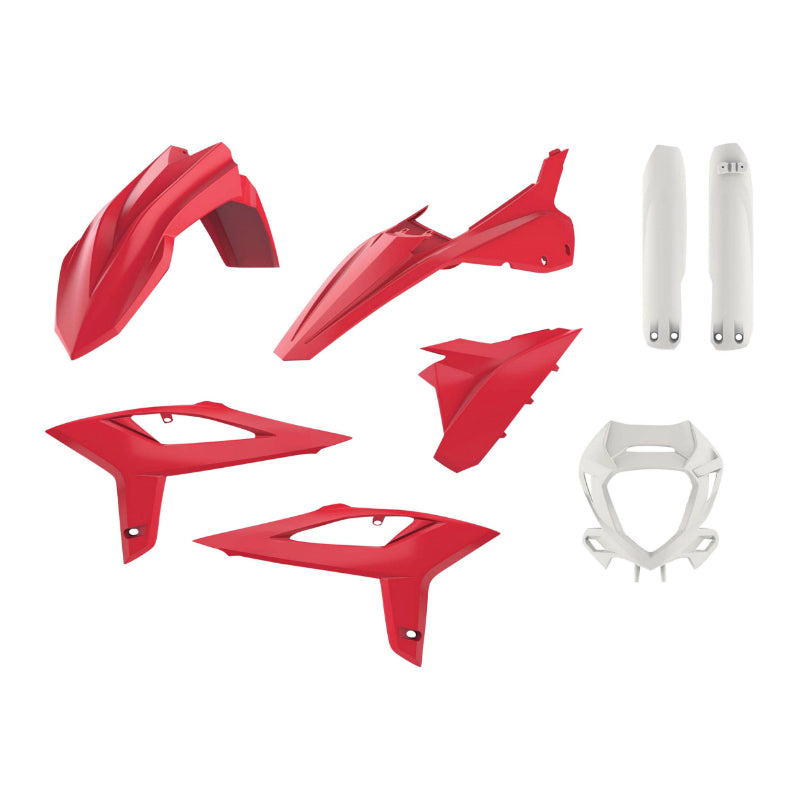 CARROSSERIE-CARENAGE MOTO ENDURO BETA 125, 250, 350, 390, 400, 480 RR 2T, 4T 2020+ ROUGE-BLANC (COULEUR OEM) (KIT PLASTIQUES 8 PIECES)  -POLISPORT-