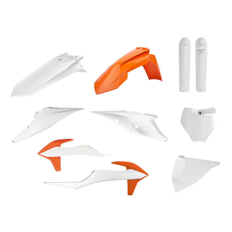 CARROSSERIE-CARENAGE MOTO MX KTM 125, 250 SX, 250, 450 SX-F, 250 XC, 250, 450 XC-F 2019+ ORANGE KTM-BLANC (COULEUR OEM) (KIT PLASTIQUES 10 PIECES)  -POLISPORT-