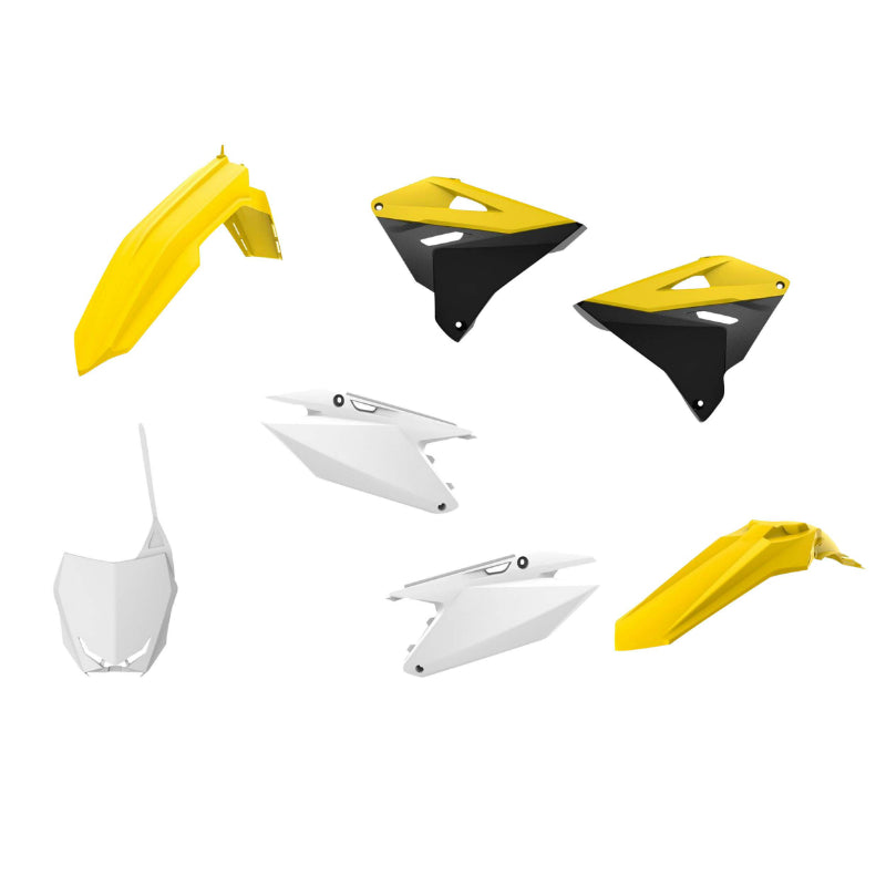 CARROSSERIE-CARENAGE MOTO MX RESTYLING SUZUKI 125, 250 RM 2001+2008 JAUNE-BLANC (COULEUR OEM) (KIT PLASTIQUES 7 PIECES)  -POLISPORT-