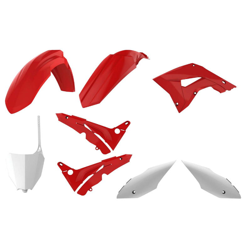 CARROSSERIE-CARENAGE MOTO MX RESTYLING HONDA 125, 250 CR 2002+2007 ROUGE-BLANC (COULEUR OEM) (KIT PLASTIQUES 9 PIECES)  -POLISPORT-