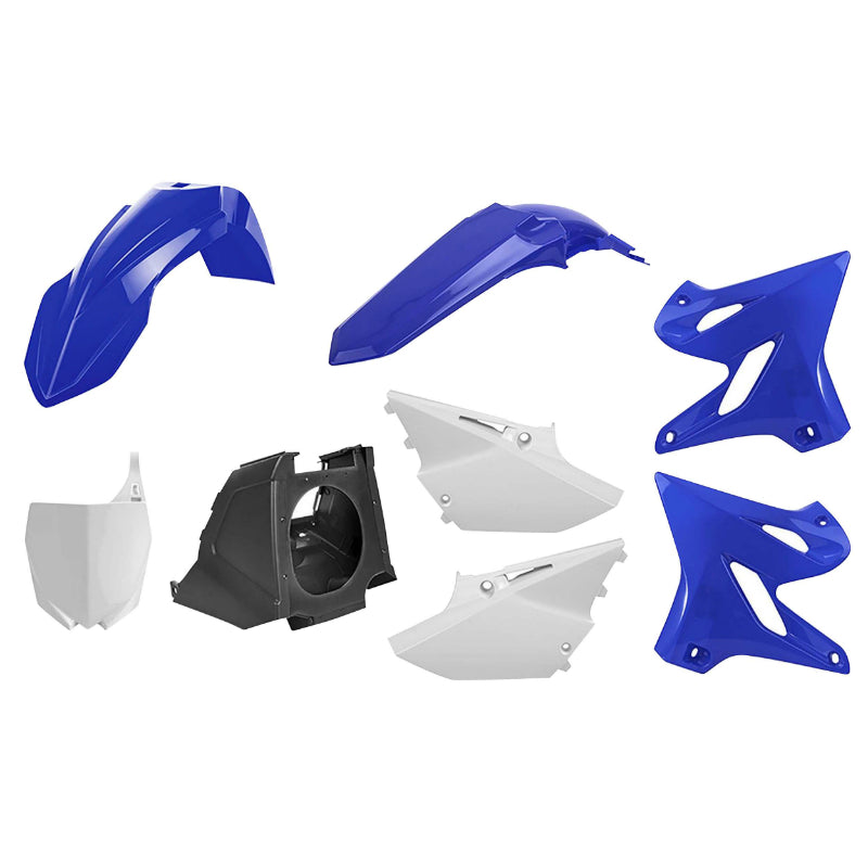 CARROSSERIE-CARENAGE MOTO MX RESTYLING YAMAHA 125, 250 YZ 2002+2021 BLEU YAM-BLANC (COULEUR OEM) (KIT PLASTIQUES 8 PIECES)  -POLISPORT-