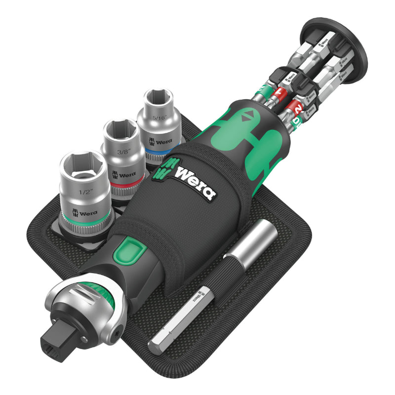 WERA 8009 ZYKLOP RATCHET SWIVEL HEAD COMBINED SOCKET 3-8 AND SCREWDRIVER 1-4 (WITH INTEGRATED BIT RESERVE) BLACK-GREEN (SET 18 PIECES) -GERMAN BRAND FOR WORKSHOPS-