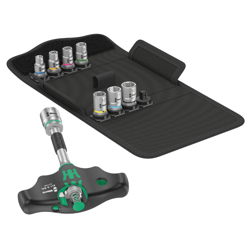 WERA 400 KOMPAKT 1-4 T-HANDLE RATCHET WITH BLACK-GREEN SOCKET (9-PIECE SET) -GERMAN BRAND FOR WORKSHOPS-