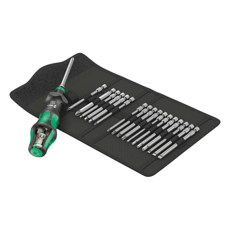 WERA KOMPAKT TURBO 1-4 BIT HOLDER SCREWDRIVER WITH BLACK-GREEN SCREWDRIVER BIT (QUICK-RELEASE CHUCK) (SET 19 PIECES) -GERMAN BRAND FOR WORKSHOPS-