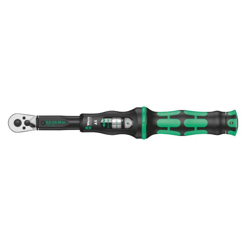 CLE DYNAMOMETRIQUE WERA CLICK TORQUE A5 CARRE 1-4 SERRAGE DE 2,5 A 25 Nm NOIR-VERT (VENDU A L'UNITE)  -MARQUE ALLEMANDE POUR LES ATELIERS-