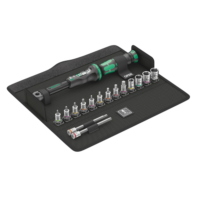 WERA BICYCLE TORQUE A5 SQUARE 1-4 TORQUE WRENCH 2.5 TO 25 Nm WITH SOCKETS AND SOCKET BITS BLACK-GREEN (SET 16 PIECES) -GERMAN BRAND FOR WORKSHOPS-