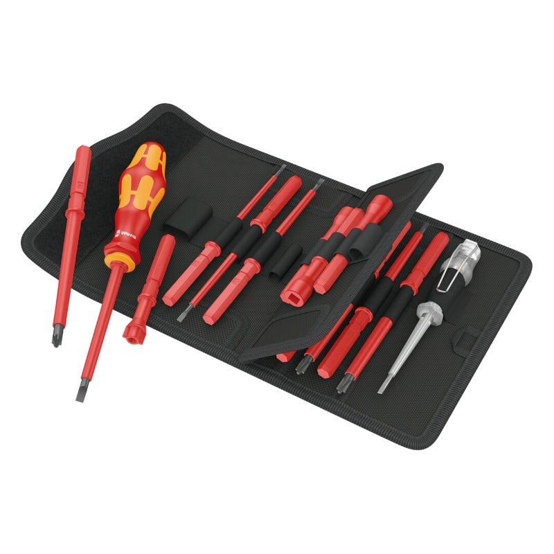 WERA KOMPAKT VDE INSULATED SCREWDRIVER INTERCHANGEABLE BITS-BLADES INCLUDED BELT CASE AND SINGLE POLE PHASE TESTER RED-YELLOW (SET 18 PIECES) -GERMAN BRAND FOR WORKSHOPS-