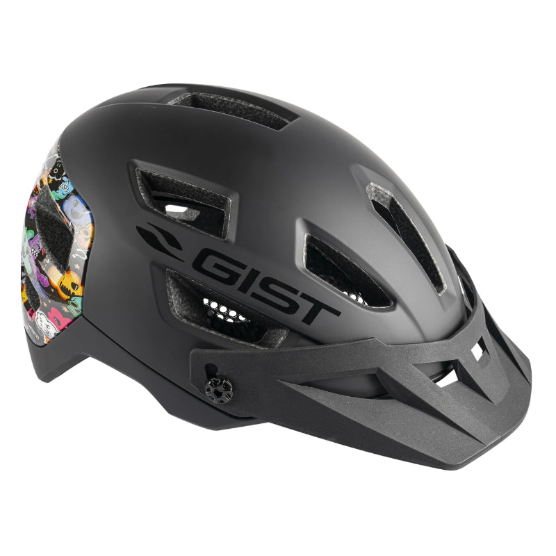 ADULT BICYCLE HELMET GIST VTT KOP BLACK REAR DECO COVERING MONSTERS IN-MOLD SIZE 56-62 WITH 3-POSITION ADJUSTABLE VISOR AND FIT-SYSTEM (SOLD IN BOX)