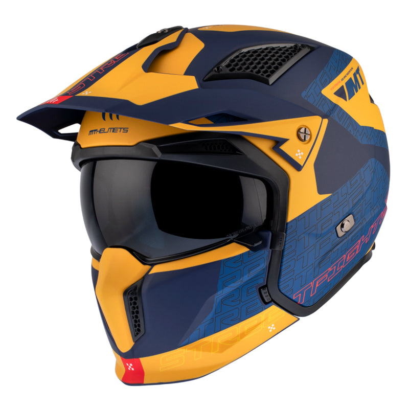 CASQUE TRIAL MT STREETFIGHTER SV S TOTEM C3 BLEU-JAUNE MAT   S  SIMPLE ECRAN TRANSPARENT TRANSFORMABLE AVEC MENTONNIERE AMOVIBLE (LIVRE AVEC UN ECRAN SUPPLEMENTAIRE DARK) (ECE 22.06)