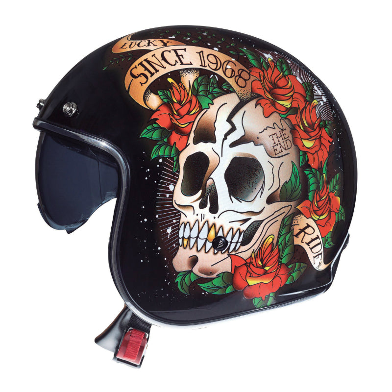 CASQUE JET MT LE MANS 2 SV SKULL & ROSES A1 NOIR BRILLANT    XS  SIMPLE ECRAN TRANSPARENT (LIVRE AVEC UN ECRAN SUPPLEMENTAIRE DARK (ECE 22.06)