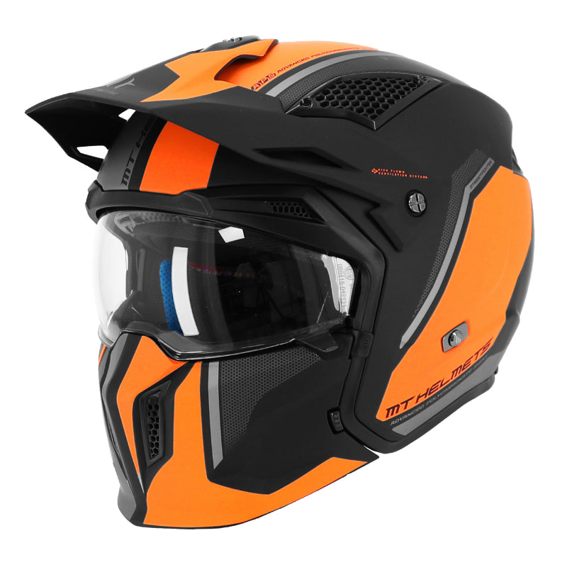 CASQUE TRIAL MT STREETFIGHTER SV S TWIN C4 NOIR MAT-ORANGE FLUO L  SIMPLE ECRAN TRANSPARENT TRANSFORMABLE AVEC MENTONNIERE AMOVIBLE (LIVRE AVEC UN ECRAN SUPPLEMENTAIRE MIROIR) (ECE 22.06)