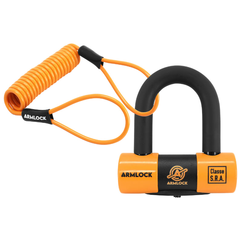 ANTIVOL U - BLOQUE DISQUE ARMLOCK CK5 NOIR-ORANGE MINI 52 x 65 mm DIAM 16mm AVEC CORDON DE RAPPEL ORANGE (CLASSE SRA) (3 CLES)