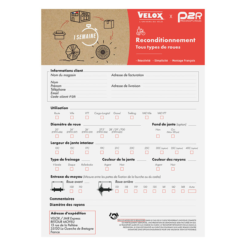 VELOX HERMONTAGEPAKKET VOOR GEBROKEN WIEL - HERMONTAGE - MONTAGE VANAF DE ORIGINEEL VERZONDEN NAAF (RETOURVERVOER INBEGREPEN) *ZIE PROCEDURE IN DE ARGUMENTAAR