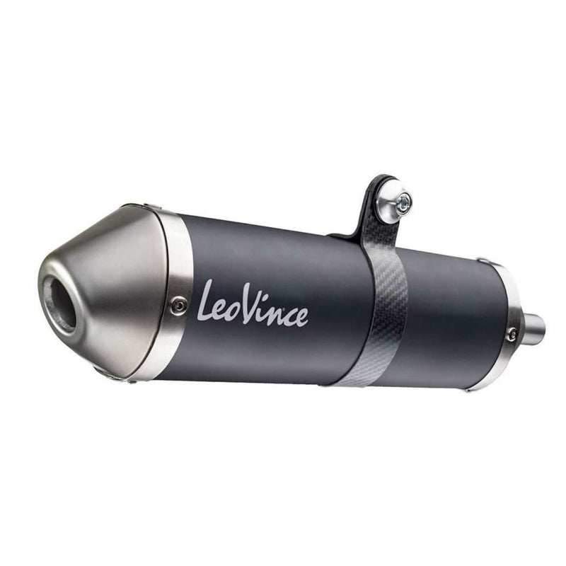 SILENCIEUX 50 A BOITE LEOVINCE X-FIGHT INOX NOIR POUR FANTIC 50 XE, XM COMPETITION EURO 5 VENDU SANS LE COLLECTEUR (PASSAGE HAUT A DROITE) (REF 17006B) (HOMOLOGUE CE) (COLLECTEUR REF 205415)