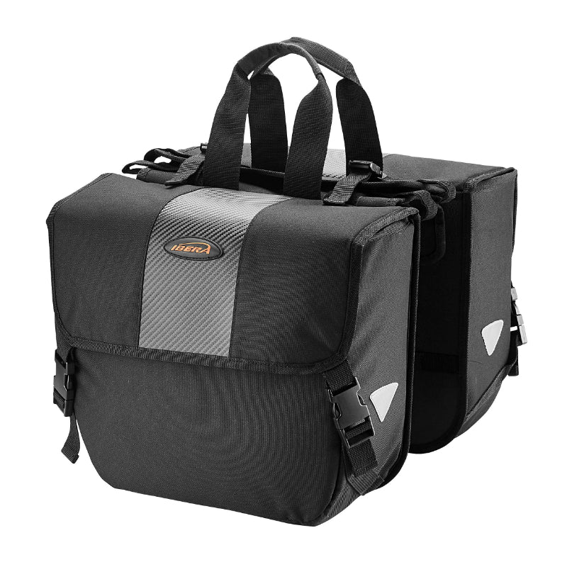 SACOCHE ARRIERE VELO DOUBLE IBERA ADJUSTABLE NOIR 24L FIXATION UNIVERSELLE (33x13x28.5cm) - LARGEUR REGLABLE PAR VELCRO ET CLIPS POUR TOUT PORTE BAGAGE