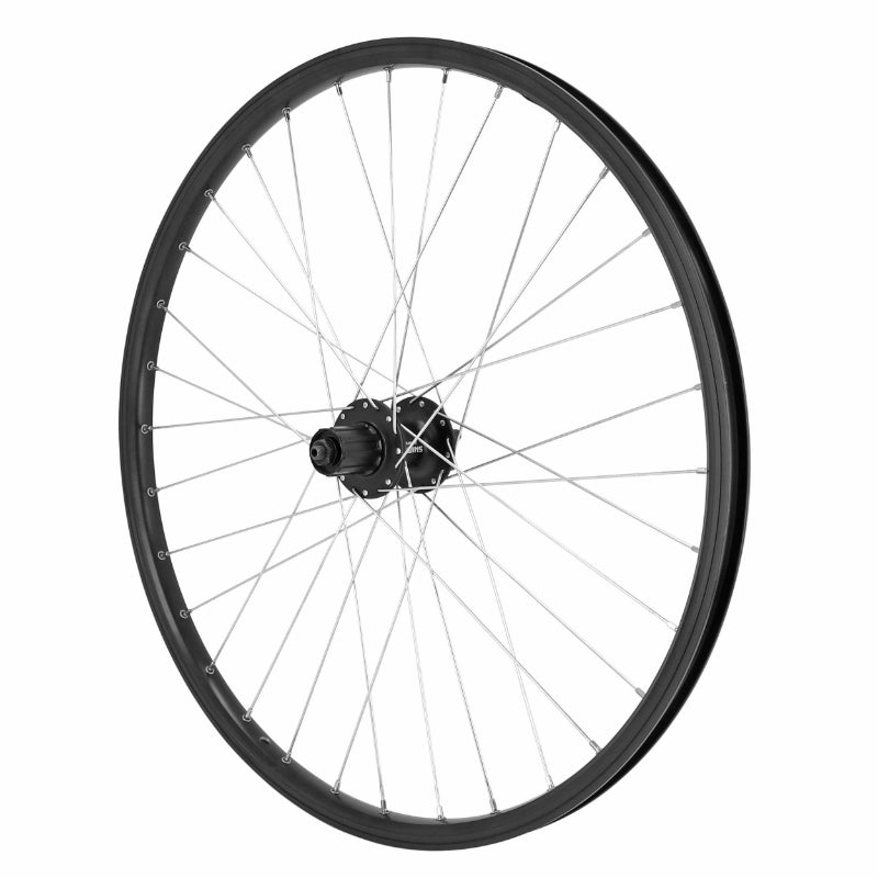 ROUE VTT DISQUE BLOCAGE 26" M260 ARRIERE NOIR DOUBLE PAROI OEILLET MOYEU SHIMANO M475 9-10-11V DISQUE 6 TROUS RAYON ARGENT