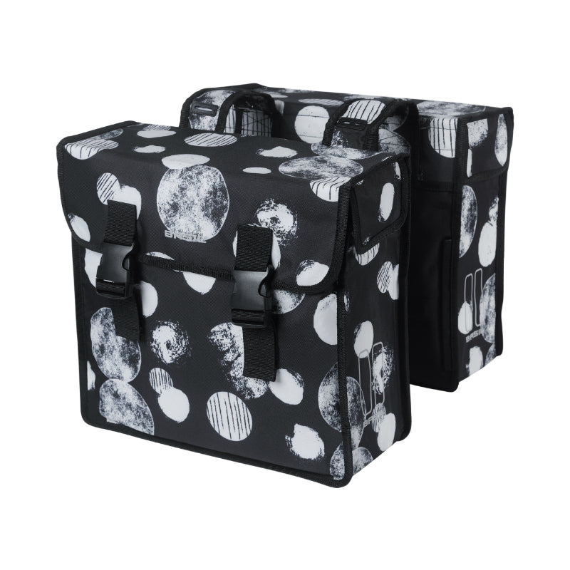 BASIL MARA XL 35L DOUBLE BICYCLE REAR BAG BLACK WITH WHITE PATTERNS (43x14x36cm)