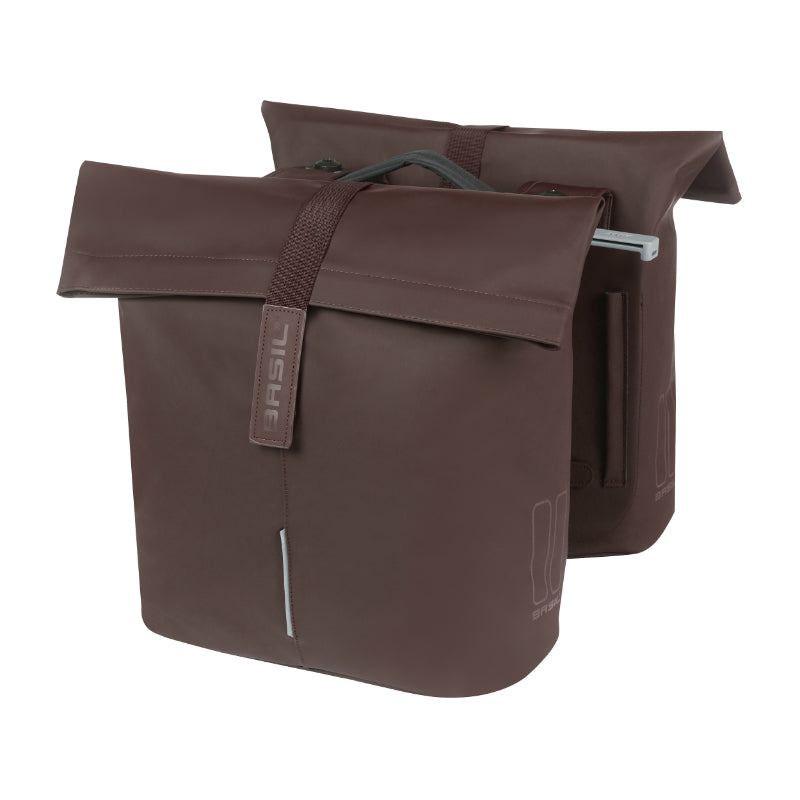 SACOCHE ARRIERE VELO DOUBLE BASIL VEGAN MARRON IMITATION CUIR 28-32L FIXATION PORTE BAGAGE FERMETURE PLIANT ANTI-PLUIE AVEC REFLECHISSANT FIXATION SYSTEME MIK (INCLUS)