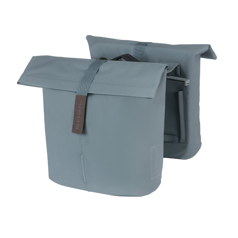 SACOCHE ARRIERE VELO DOUBLE BASIL VEGAN BLEU IMITATION CUIR 28-32L FIXATION PORTE BAGAGE FERMETURE PLIANT ANTI-PLUIE AVEC REFLECHISSANT FIXATION SYSTEME MIK (INCLUS)