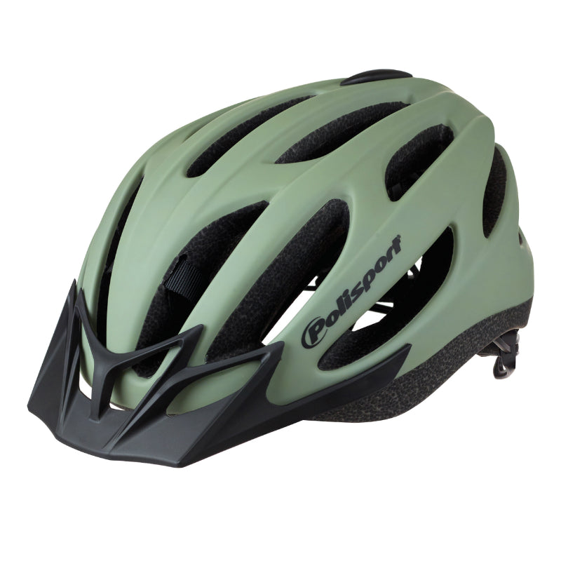 POLISPORT SPORT FLOW IN-MOLD ADULT CITY BICYCLE HELMET MATTE GREEN WITH BLACK VISOR SIZE 58-62 QUICK LOCK SYSTEM