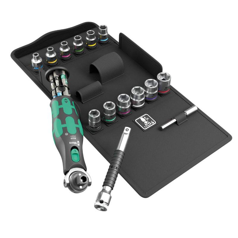 WERA 8009 ZYKLOP POCKET RATCHET SWIVEL HEAD COMBINED SOCKET 3-8 AND SCREWDRIVER 1-4 (WITH INTEGRATED BIT RESERVE) BLACK-GREEN (SET 27 PIECES) -GERMAN BRAND FOR WORKSHOPS-