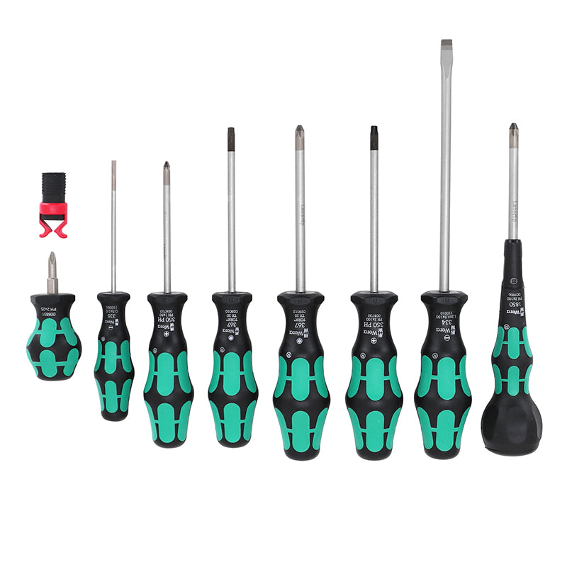 TOURNEVIS WERA 9527 BALL GRIP CRUCIFORME (PHILLIPS), TORX ET PLAT AVEC AGRIPPE VIS NOIR-VERT (SET 9 PIECES)  -MARQUE ALLEMANDE POUR LES ATELIERS-