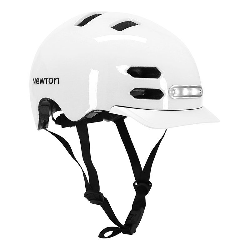 NEWTON CITY V4 ADULT BIKE HELMET GLOSS WHITE IN-MOLD WITH VISOR AND LOCK SIZE 55-58 (SOLD IN BOX) DISCREET INTEGRATED LIGHTING