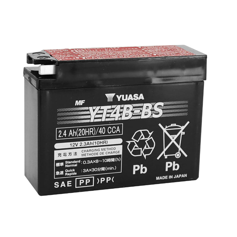 BATTERIE 12V  2,4 Ah YT4B-BS YUASA MF SANS ENTRETIEN LIVREE AVEC PACK ACIDE (Lg114xL39xH87mm)