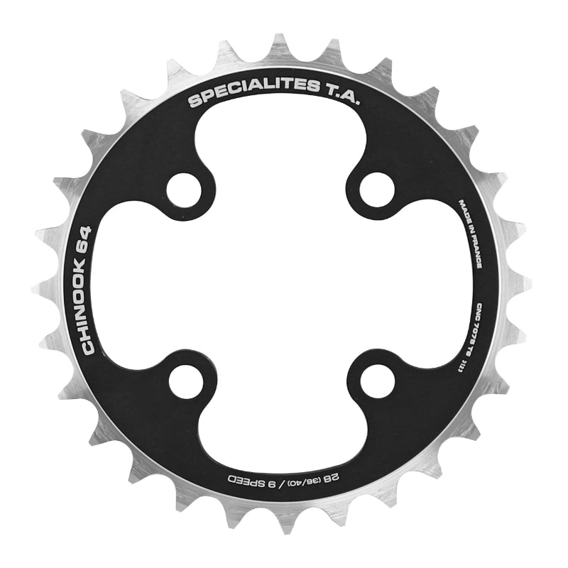 MTB KETTINGBLAD 4BRA D.64 TA CHINOOK 28TTS DRIEVOUDIG ZWART ALU INTERIEUR VOOR SHIMANO - SRAM - FSA 9V.