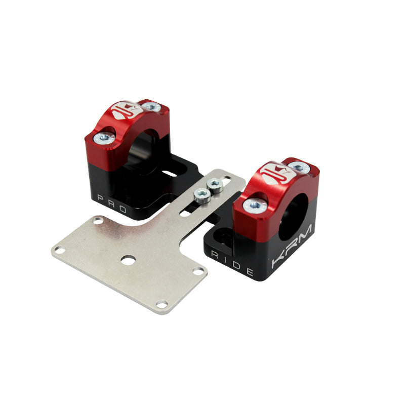 PONTET-SURPONTET RIGIDIFICATEUR 50 A BOITE KRM PRO RIDE POUR GUIDON DIAM 28,6 mm ALU CNC NOIR-ROUGE (AVEC SUPPORT DE COMPTEUR) (PAIRE)