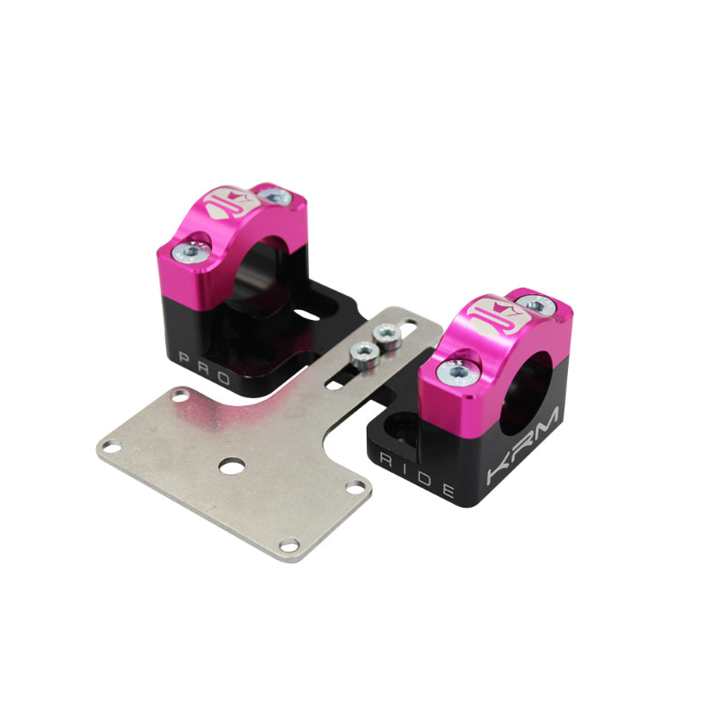 PONTET-SURPONTET RIGIDIFICATEUR 50 A BOITE KRM PRO RIDE POUR GUIDON DIAM 28,6 mm ALU CNC NOIR-ROSE (AVEC SUPPORT DE COMPTEUR) (PAIRE)