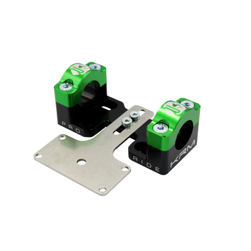 PONTET-SURPONTET RIGIDIFICATEUR 50 A BOITE KRM PRO RIDE POUR GUIDON DIAM 28,6 mm ALU CNC NOIR-VERT (AVEC SUPPORT DE COMPTEUR) (PAIRE)