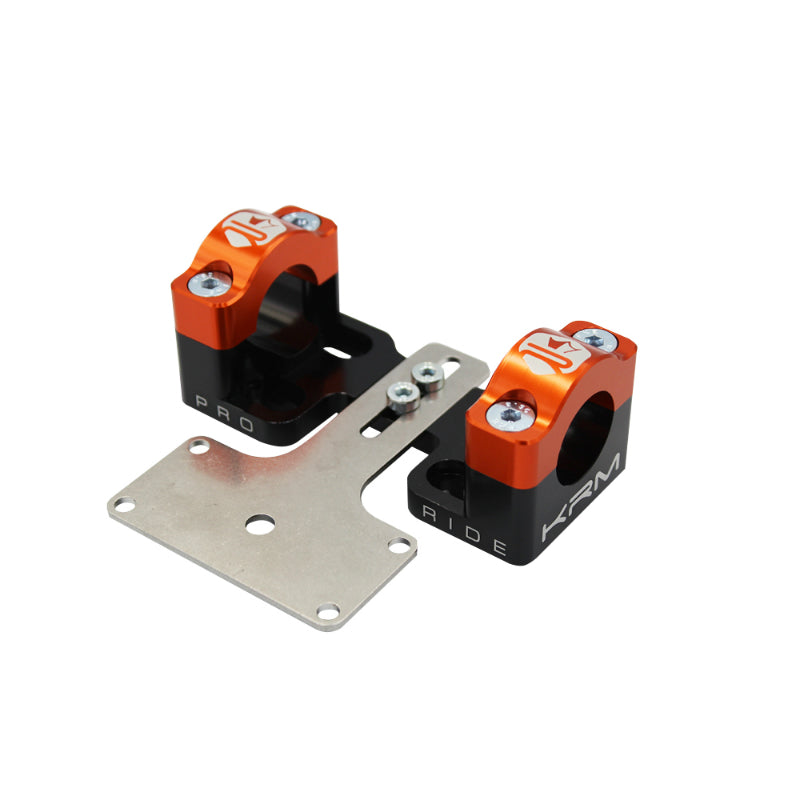 PONTET-SURPONTET RIGIDIFICATEUR 50 A BOITE KRM PRO RIDE POUR GUIDON DIAM 28,6 mm ALU CNC NOIR-ORANGE (AVEC SUPPORT DE COMPTEUR) (PAIRE)