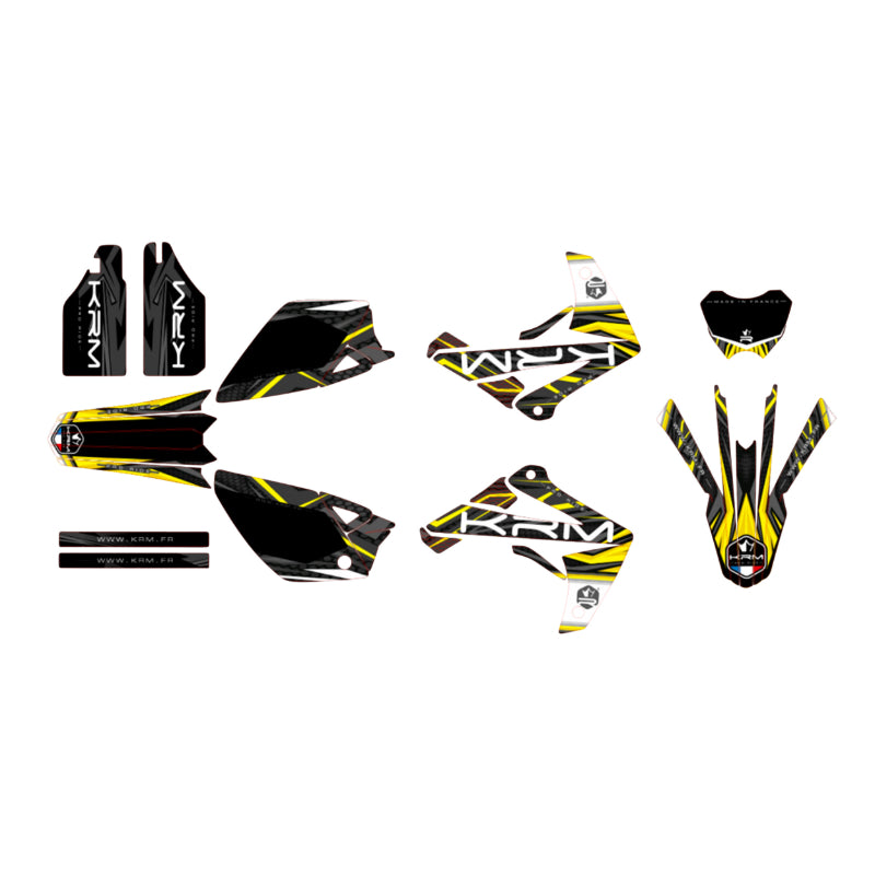 KIT DECO AUTOCOLLANT-STICKER 50 A BOITE KRM PRO RIDE POUR RIEJU 50 MRT 2009+2021 NOIR-JAUNE (COMPLET)