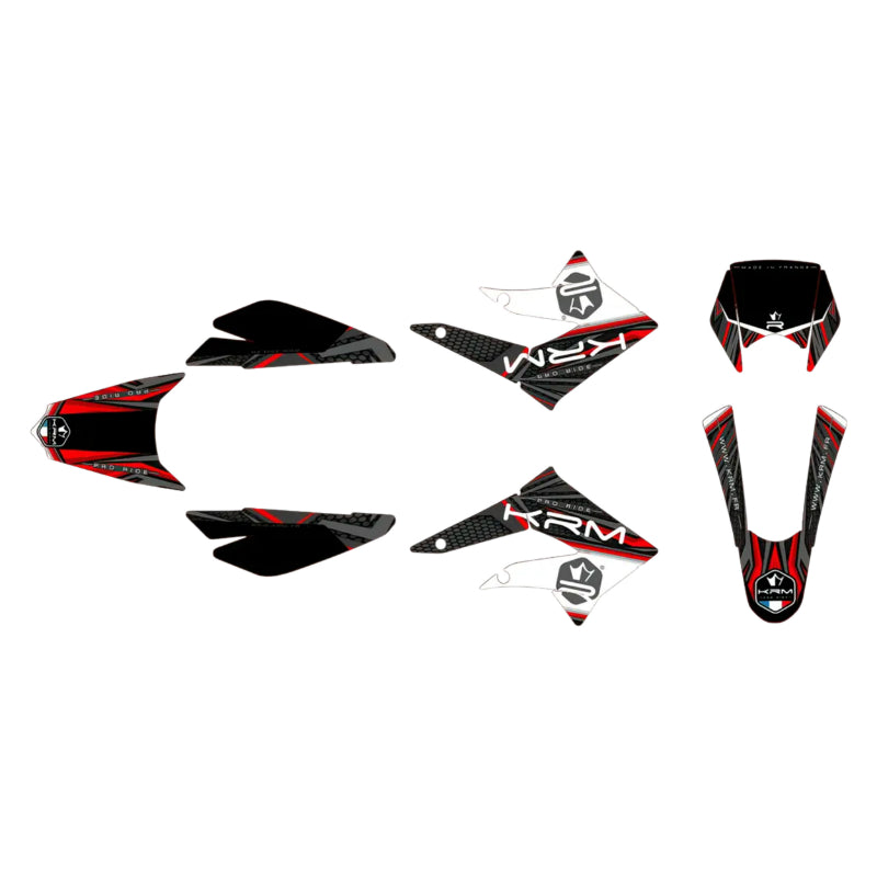 KIT DECO AUTOCOLLANT-STICKER 50 A BOITE KRM PRO RIDE POUR DERBI 50 DRD X-TREME 2011+2017, DRD RACING 2005+2010-GILERA 50 SMT 2011+2017 NOIR-ROUGE (COMPLET)