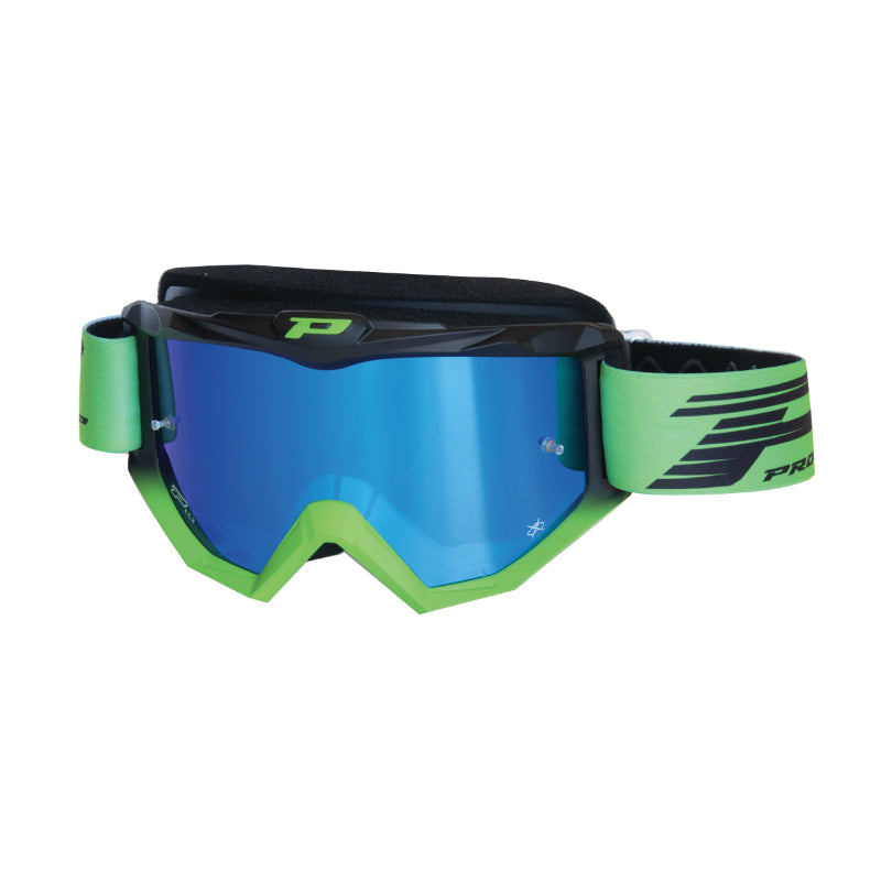 MASQUE-LUNETTES CROSS PROGRIP 3201 FL ATZAKI MULTILAYERED NOIR-VERT ECRAN MIROIR BLEU ANTI-RAYURES-ANTI U.V. COMPATIBLE AVEC PORT LUNETTES DE VUE (HOMOLOGUE CE-EN AC-12072 REV.1)