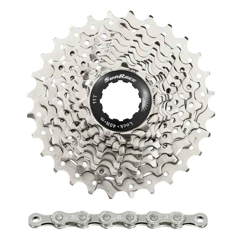 CASSETTE AND CHAIN ​​(PACK) 10V. SUNRACE RS1 11-28 ROAD FOR SHIMANO (LEVEL 105) METALLIC SILVER AND CN10A CHAIN ​​116 LINKS (COMES IN BOX) (11-12-13-14-15-17-19-21-24-28)